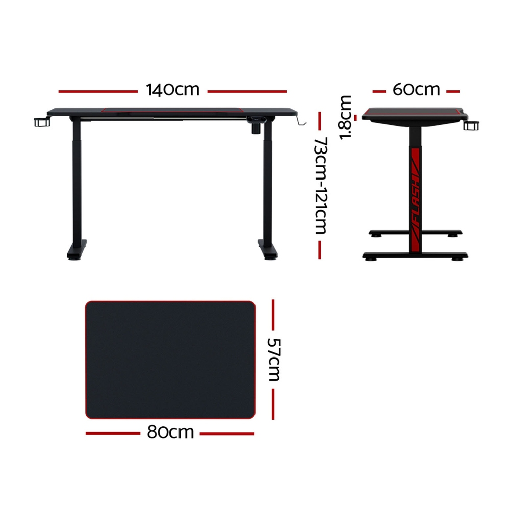 电动升降游戏桌 黑色 140cm x 60cm 办公家用 适合长时间游戏工作 现代设计 RGB灯 USB充电器 60kg承重